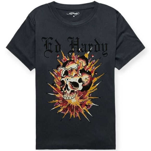 Ed Hardy NWT Mens T-shirt Exploding Skull Gray Charcoal Y2K size M, S - Picture 1 of 4
